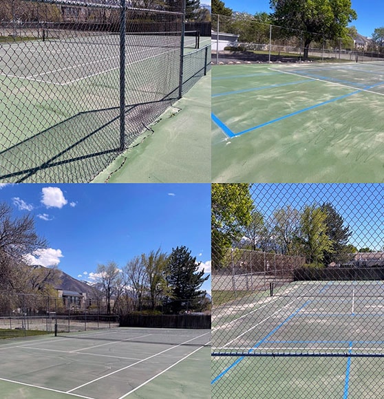 before and after striping project on tennis courts