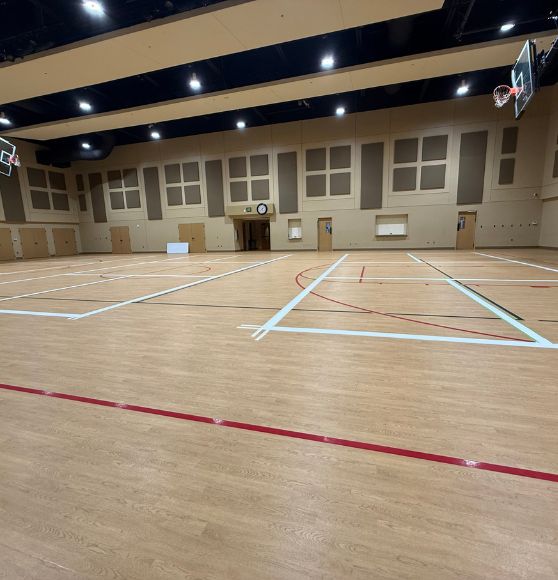 front view of Deerwood Baptist Church gymnasium with new pickleball court