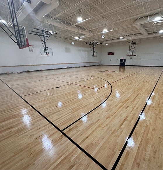 San Jose Catholic School basketball court freshly painted front view