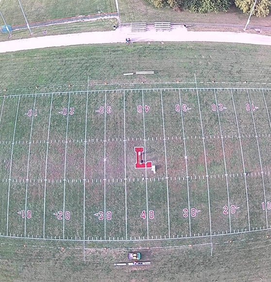 aerial view of Lebo High School football field after getting freshly painted