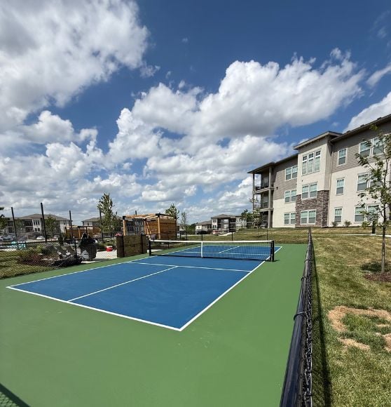 a Property Management Group freshly painted pickleball court