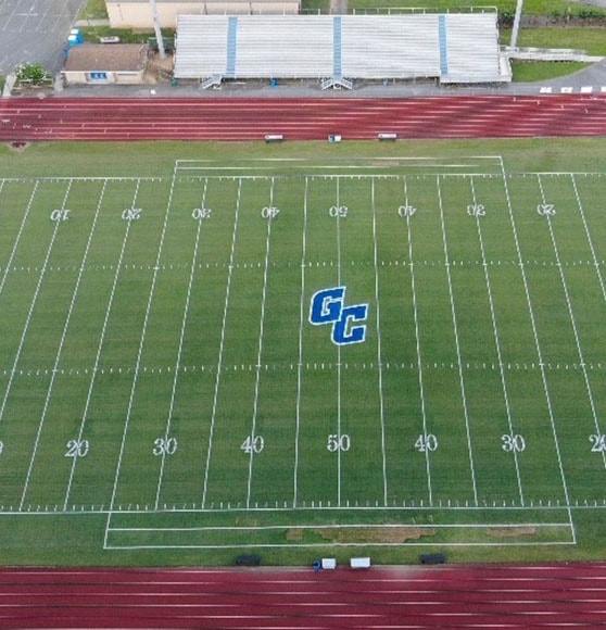 football field aerial view of 50-yard line logo