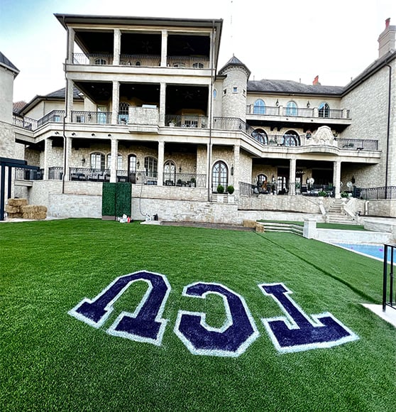 blue and white letters on a field