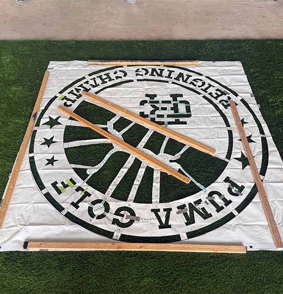 front view of logo installation in process