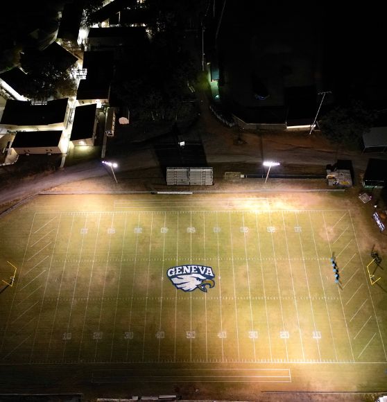 Geneva School football field freshly painted at night time