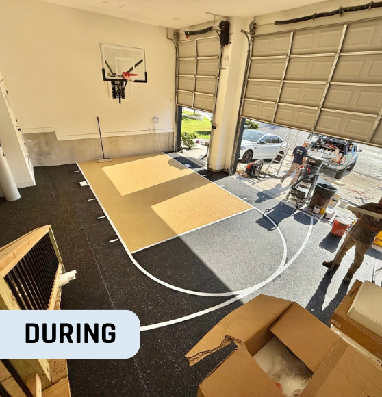 During Work Custom Basketball Court Flooring for Private Home in Boerne, TX