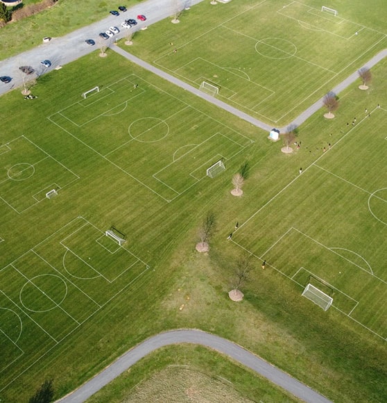 aerial view of soccer field with new markings at narlo park