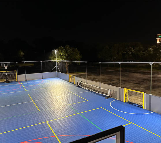 aerial view of soccer field markings and pickleball markings for court